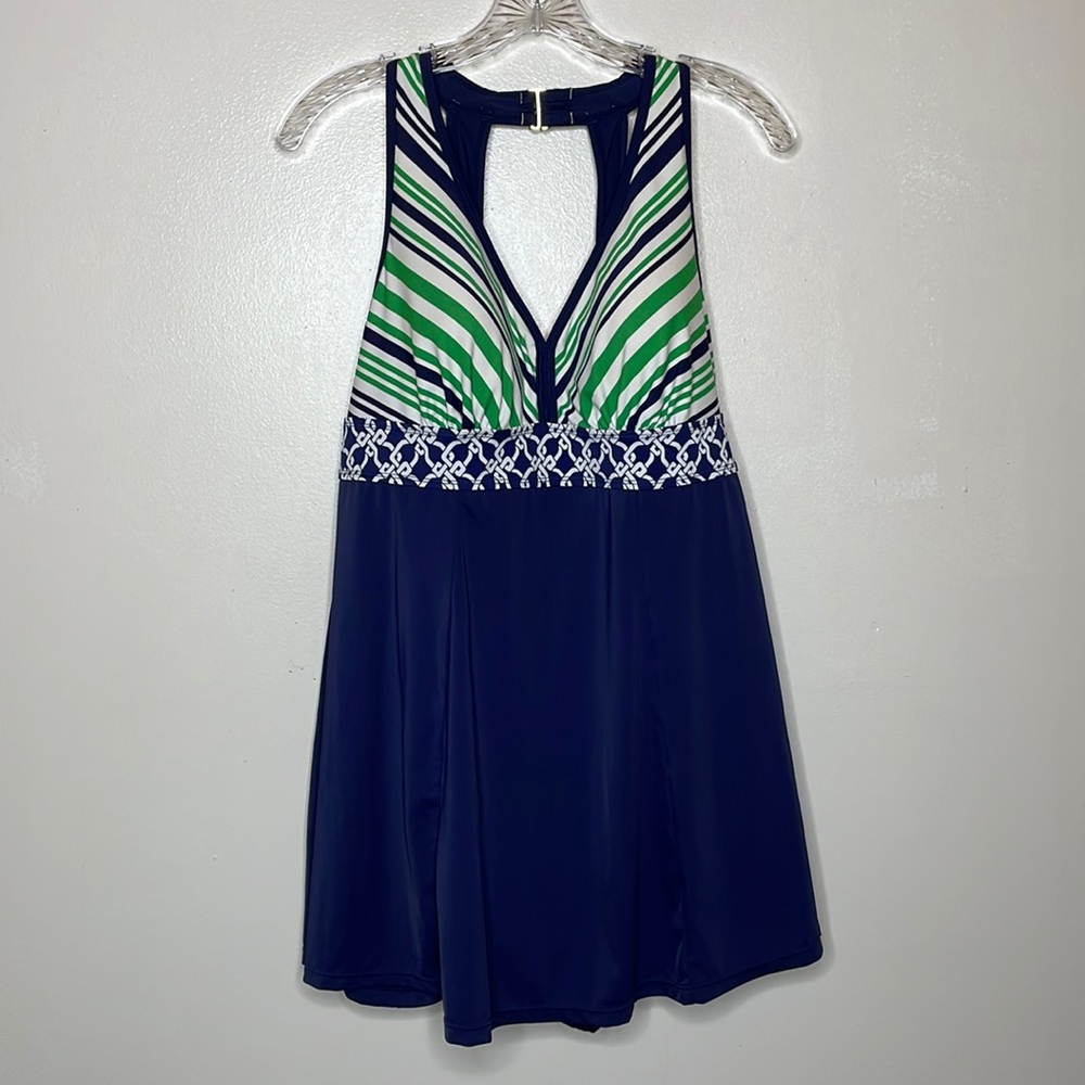 SWIM 365 One Piece Swimsuit Green & Navy Skirt Overlay Modest Empire Waist 16W